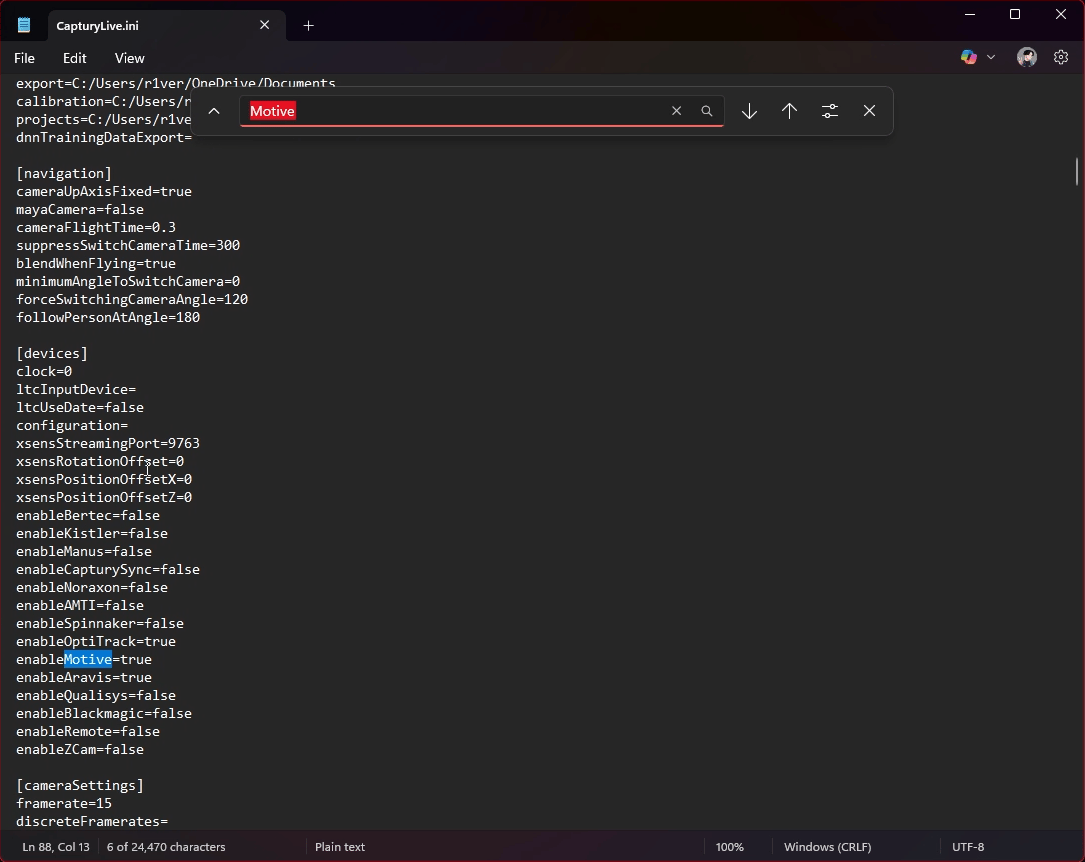A screenshot of a Notepad window showing the Navigation and Devices sections of the CapturyLive.ini file. The word "Motive" is highlighted as a search result.