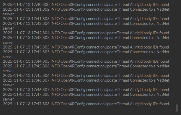 A screenshot of the Log file in the OptiTrack OpenXR plugin.