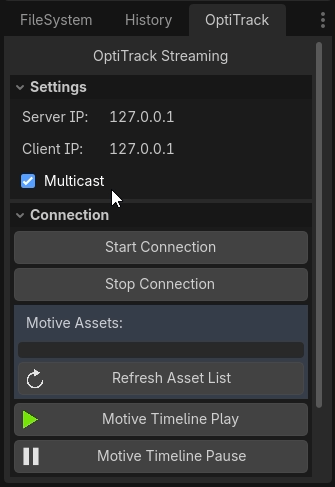 A screenshot of the Optitrack pane in Godot.