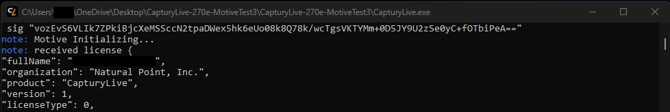a screenshot of a window that displays when Captury is loading, showing the lines where Motive is initialized and the license loaded.
