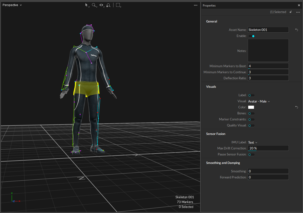 A screenshot of the Motive Viewport and Properties pane, with a skeleton selected and its properties displayed.