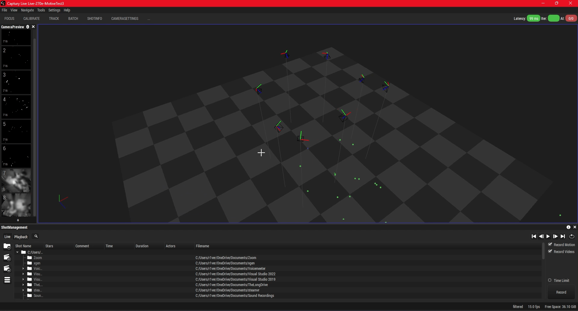A screenshot of the Captury Live application with OptiTrack cameras displayed on the left and a fully calibrated volume in the main viewport.