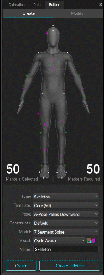 A gif of the Motive Builder Pane set to Skeleton creation, with the markers displayed on the avatar and the skeleton settings below.