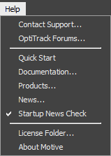 A screenshot of the Help tab menu in Motive.