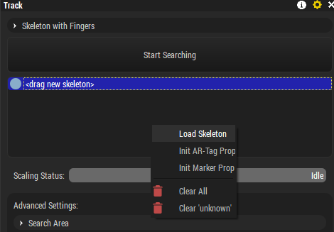 A screenshot of the Captury Live Tracking Pane, with the mouse hovering over the "Drag to create new skeleton" button.