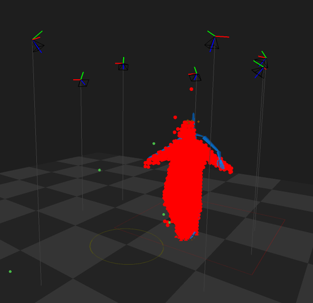 A screenshot from Captury Live, showing the subject in the volume as a point cloud and a skeleton behind them.
